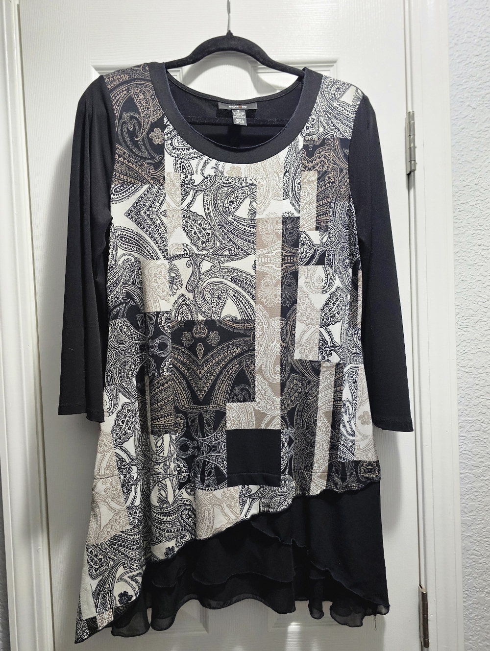 Style & Co. Black and Cream Paisley Asymmetrical Tunic